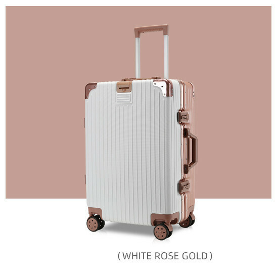 Hot recommended silent swivel wheel suitcase [hook style aluminum frame style rose + white] (size: 20 inches: 49x34x22CM)