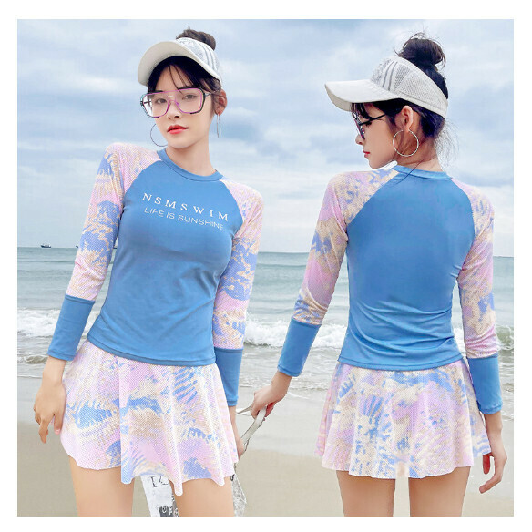 熱推分體式泳衣【S-L】【028228【長袖】水墨蘭】 (下單後聯絡客服確認發貨尺碼) 