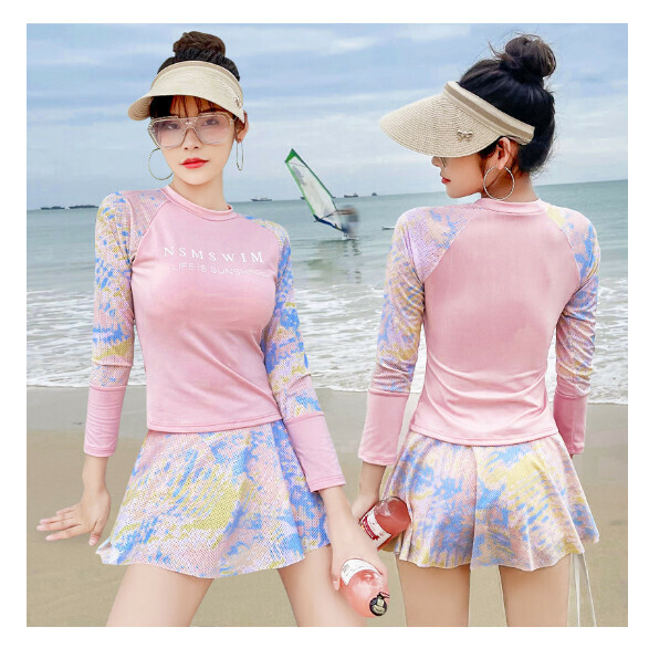 熱推分體式泳衣【S-L】【028228【長袖】粉紅色】 (下單後聯絡客服確認發貨尺碼) 