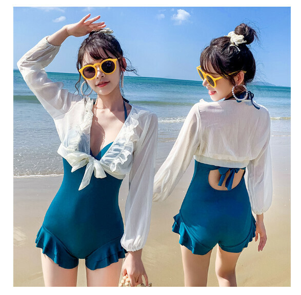 熱推連體式两件套泳衣【M-XL】【湖綠】 (下單後聯絡客服確認發貨尺碼) 