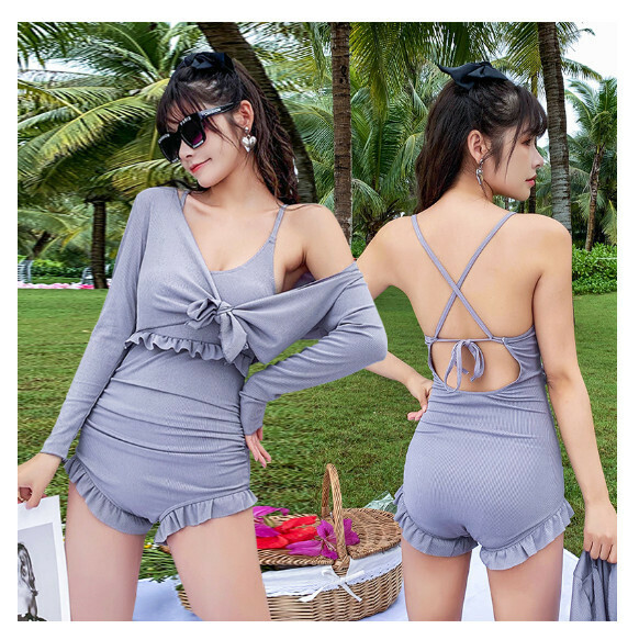 熱推連體式两件套泳衣【M-XL】【028218淺紫】 (下單後聯絡客服確認發貨尺碼) 
