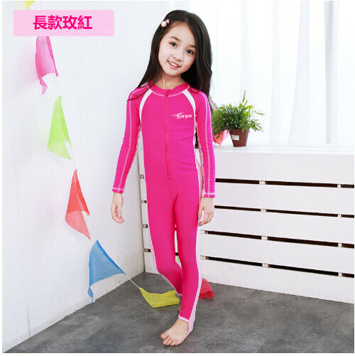 新款兒童連體泳衣（長款-玫紅）（M)（下單後跟客服聯系發貨的尺寸）