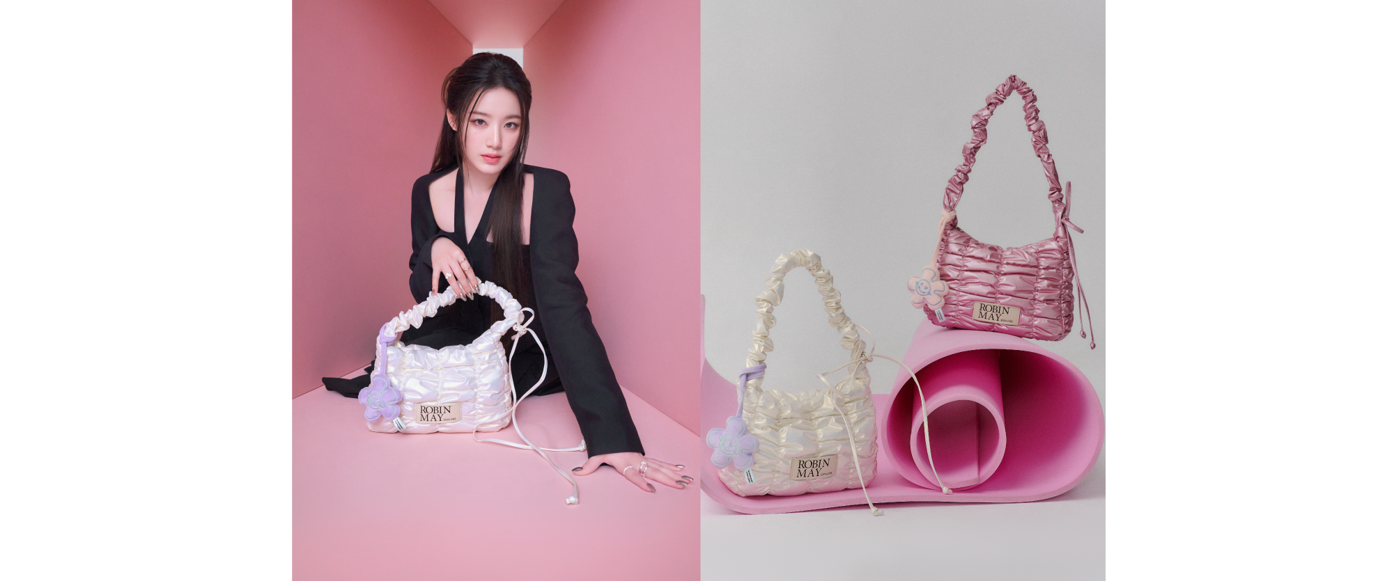 舒華穿黑色緊身禮服，手拿白色的 Meego 肩背包。