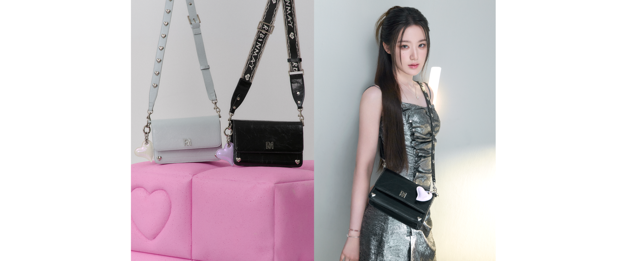 舒華穿銀色的細肩帶洋裝，背著黑色的 Love More 斜背包。