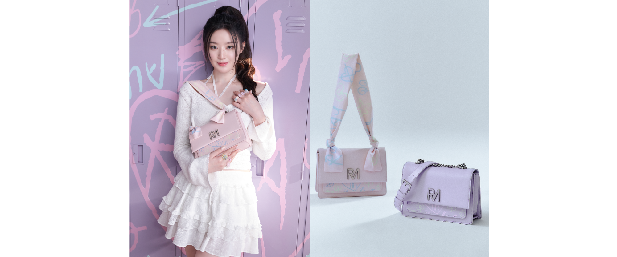 舒華穿白色的荷葉邊洋裝，手拿粉色的狂派塗鴉斜背包（Queen版）。