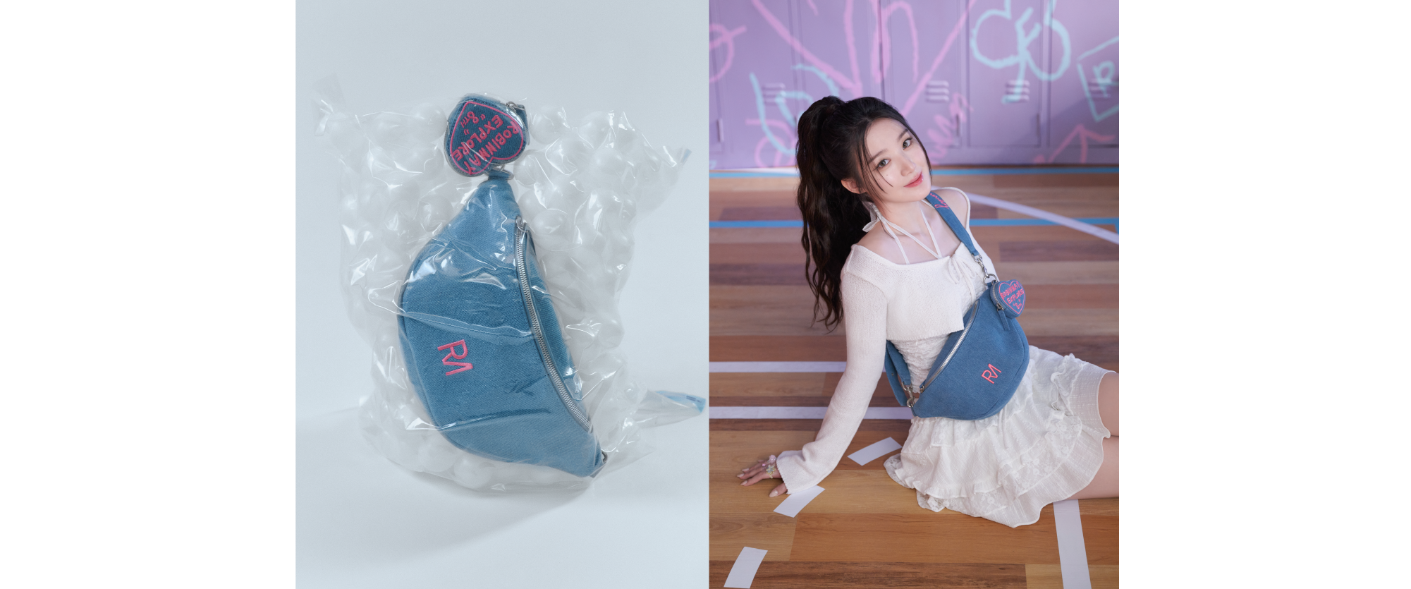 舒華穿荷葉邊的白色洋裝，坐在籃球場中背著丹寧材質的夢特胸包。