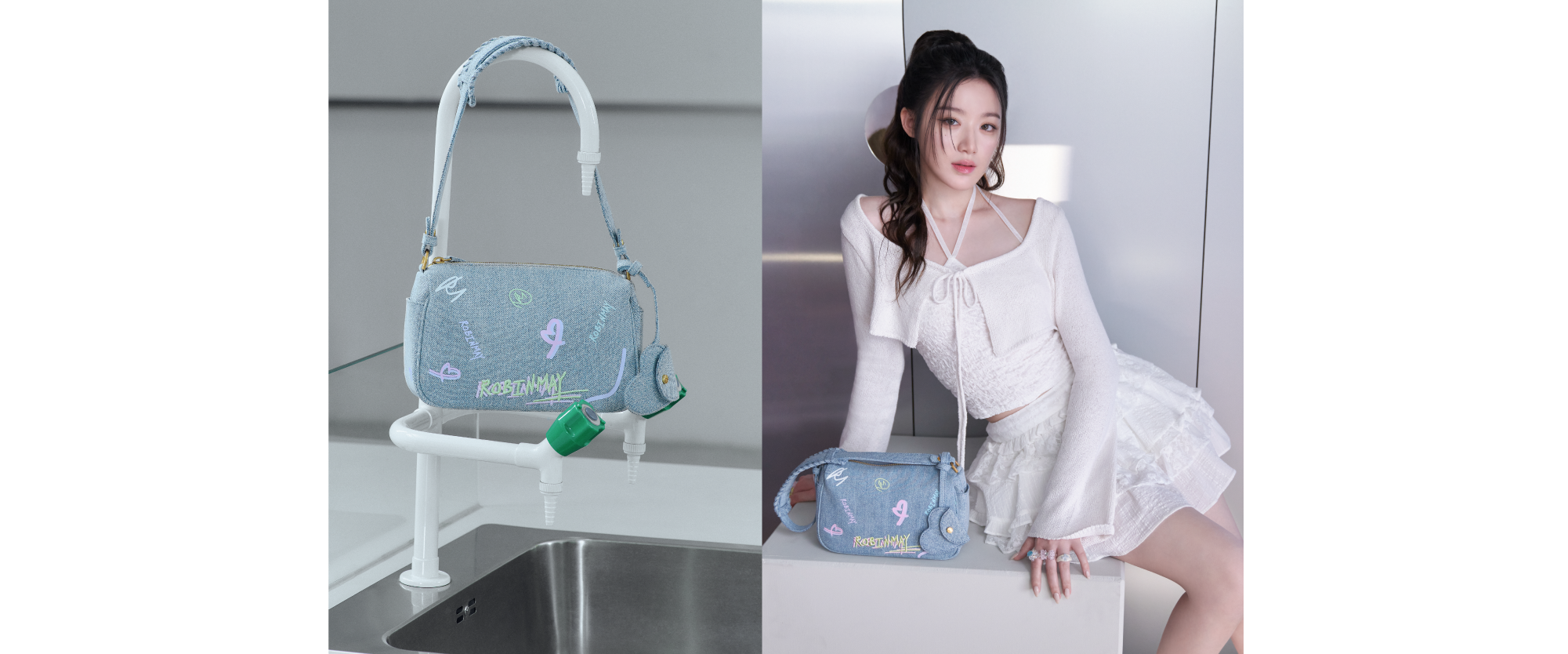 舒華穿著荷葉邊白色洋裝，坐在白色柱子上，前面放著 Alexa 肩背包。