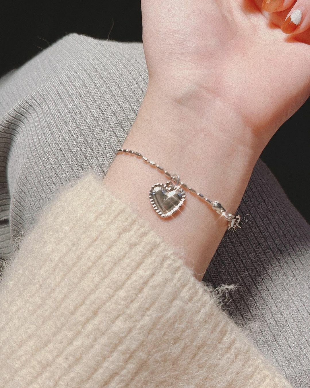 愛心吊墜米粒鍊銀色手鍊