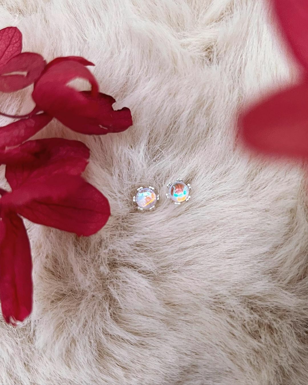 圓形月光石純銀銀色鎖珠耳環