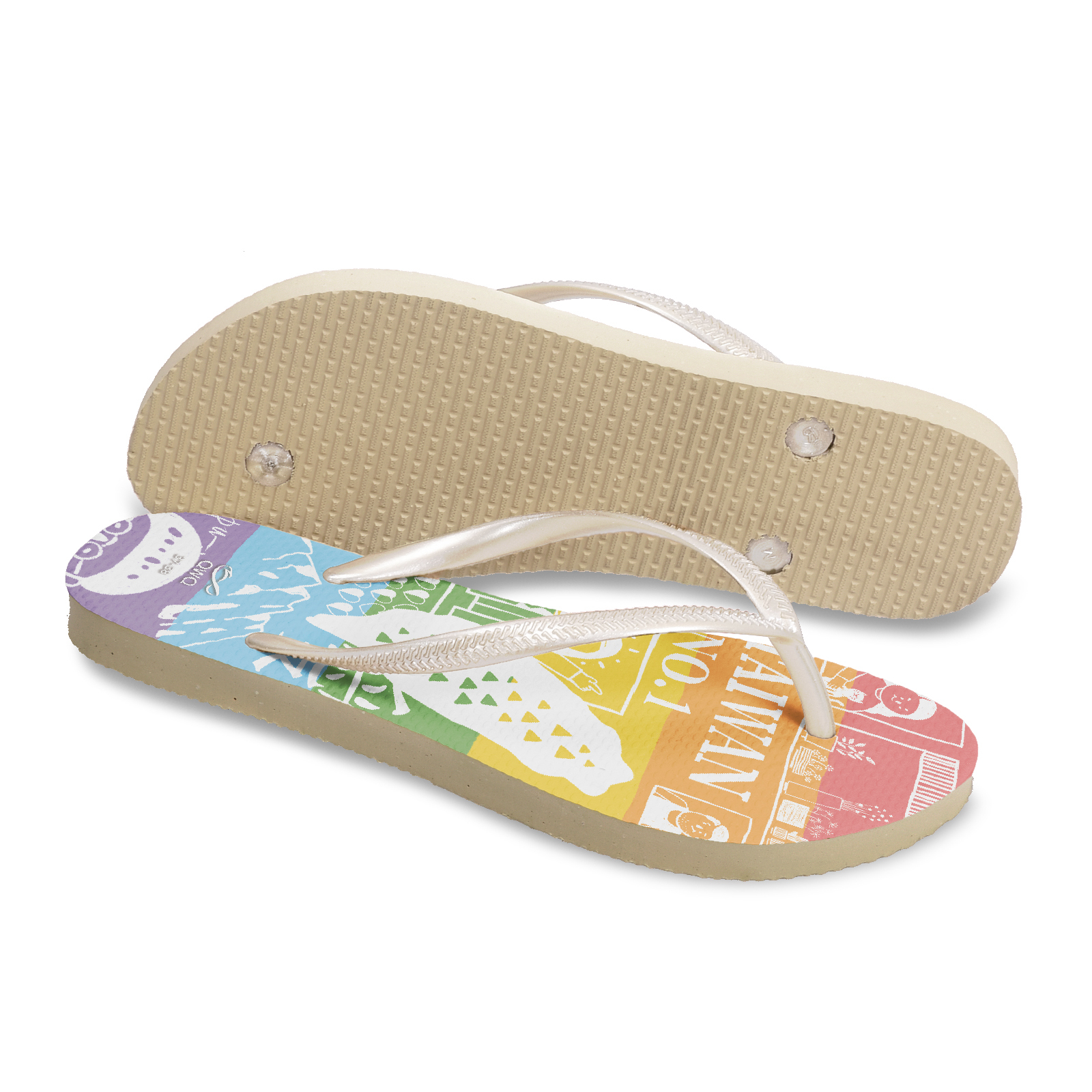 辣台派 彩虹系列 普普設計 女款細帶人字夾腳拖 金底白帶