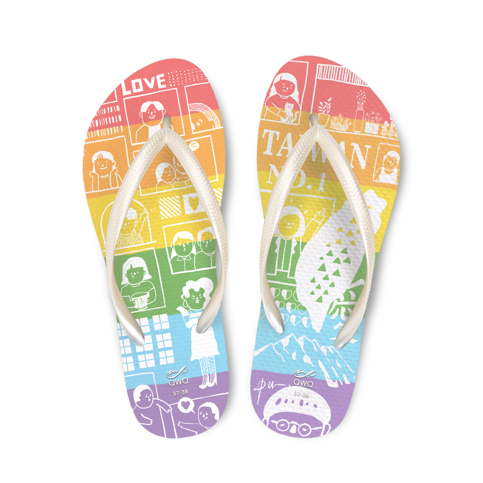 辣台派 彩虹系列 普普設計 女款細帶人字夾腳拖 金底白帶