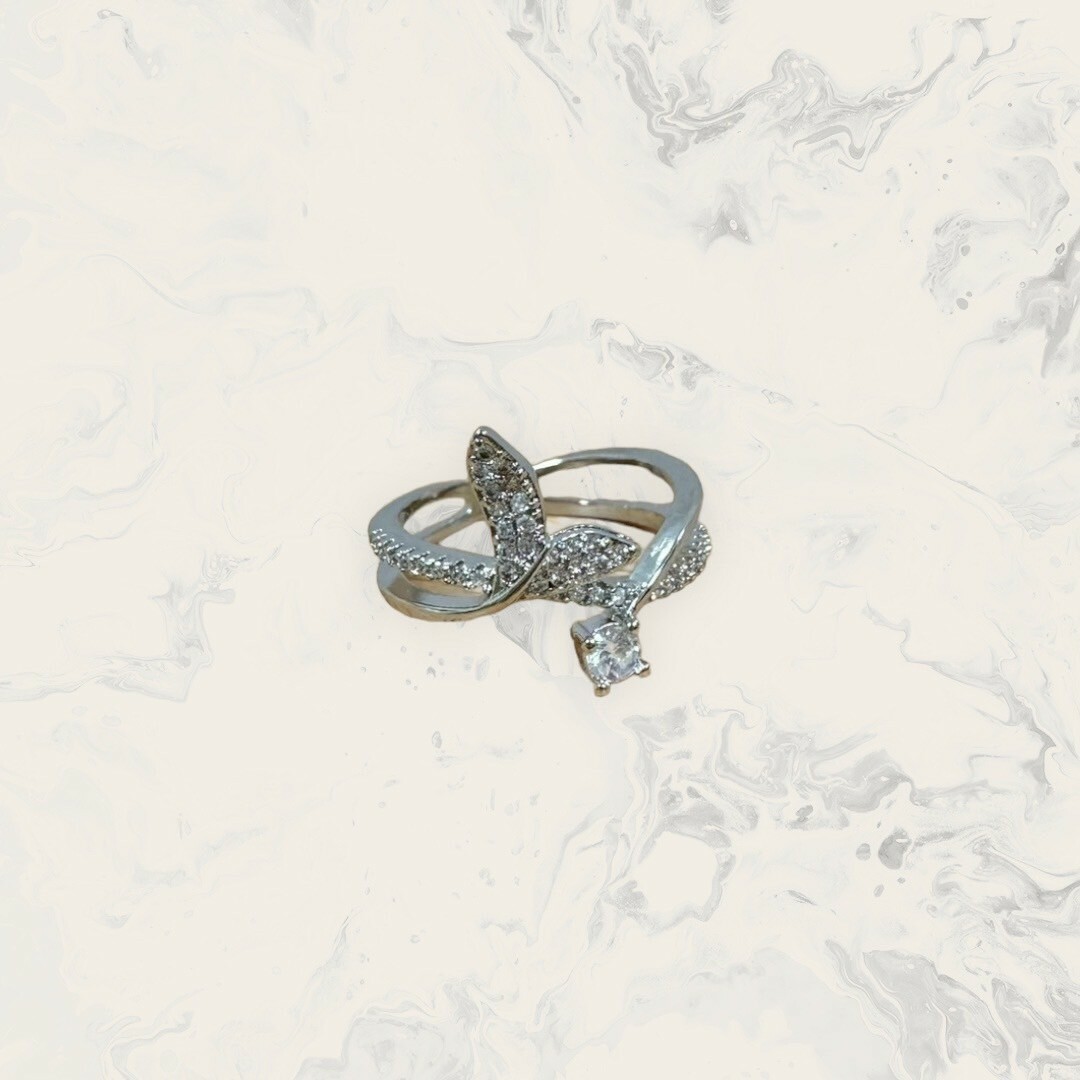 韓國直送戒指 可調式 雙線 中線鋯+滿鋯人魚尾巴+四點鋯 鍍白金