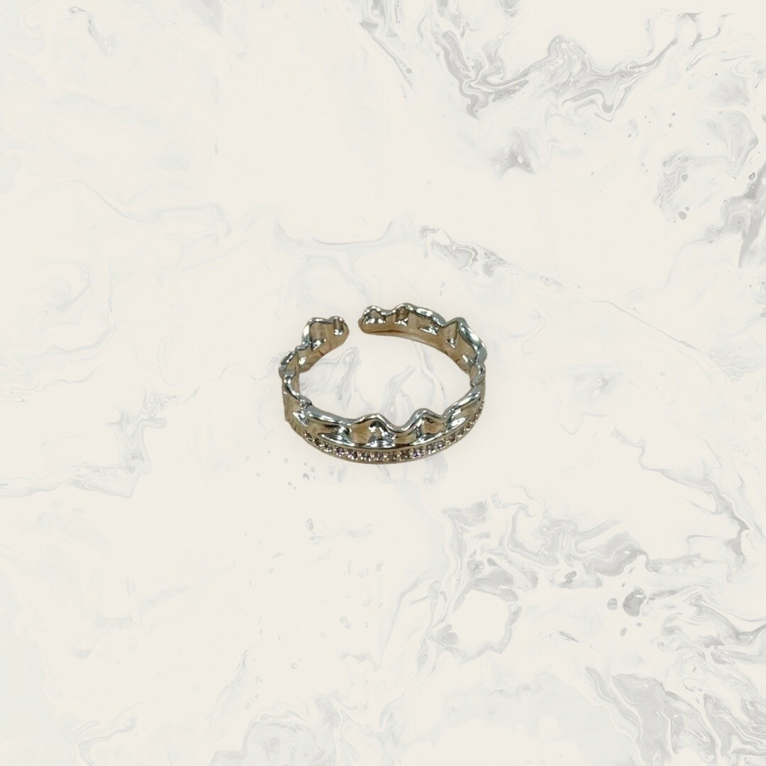 韓國直送戒指 可調式 上凹凸面鋸齒下線鋯皇冠 鍍14K