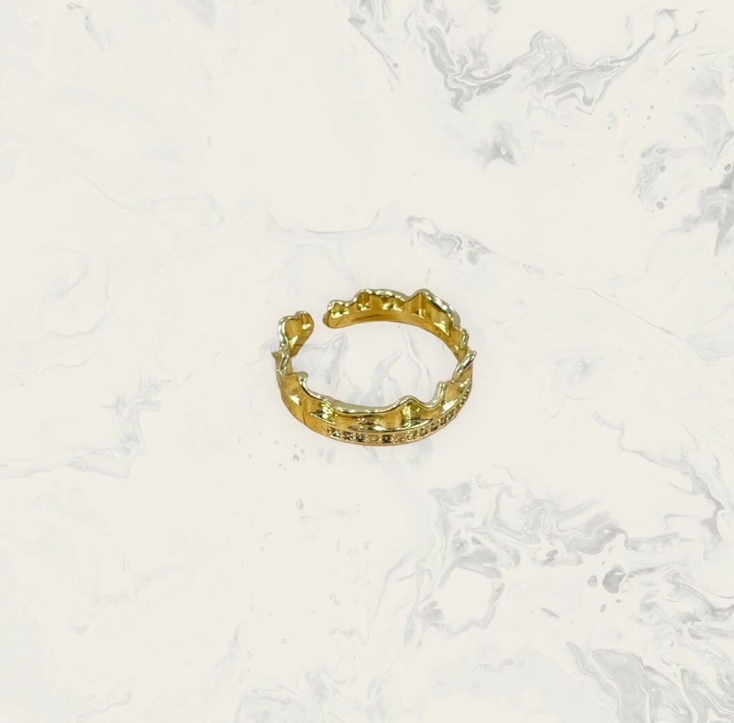 韓國直送戒指 可調式 上凹凸面鋸齒下線鋯皇冠 鍍14K