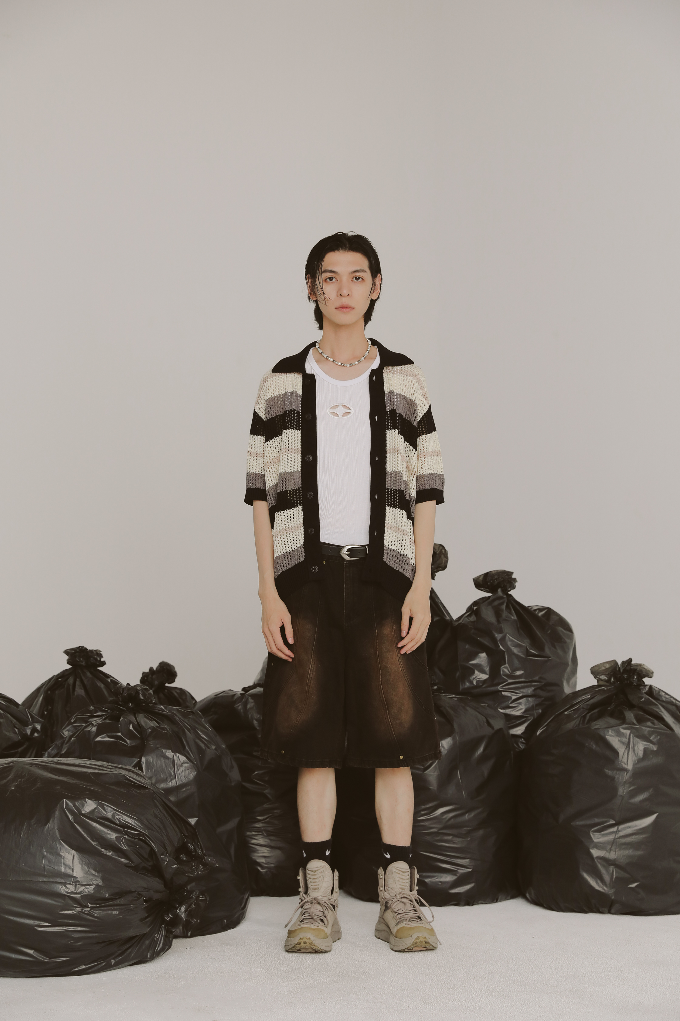 Punching Stripe Short Sleeve Cardigan #罩衫