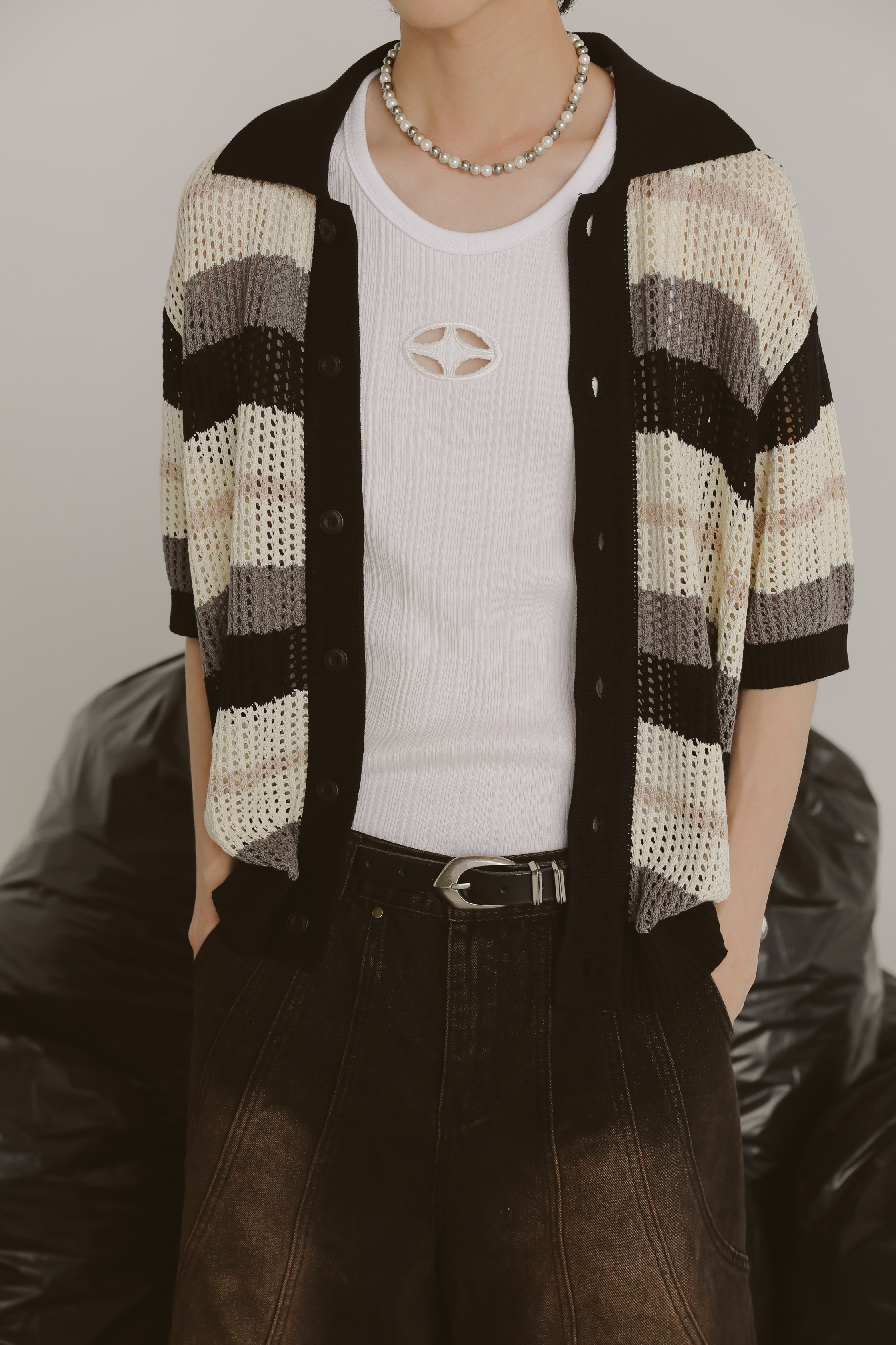 Punching Stripe Short Sleeve Cardigan #罩衫