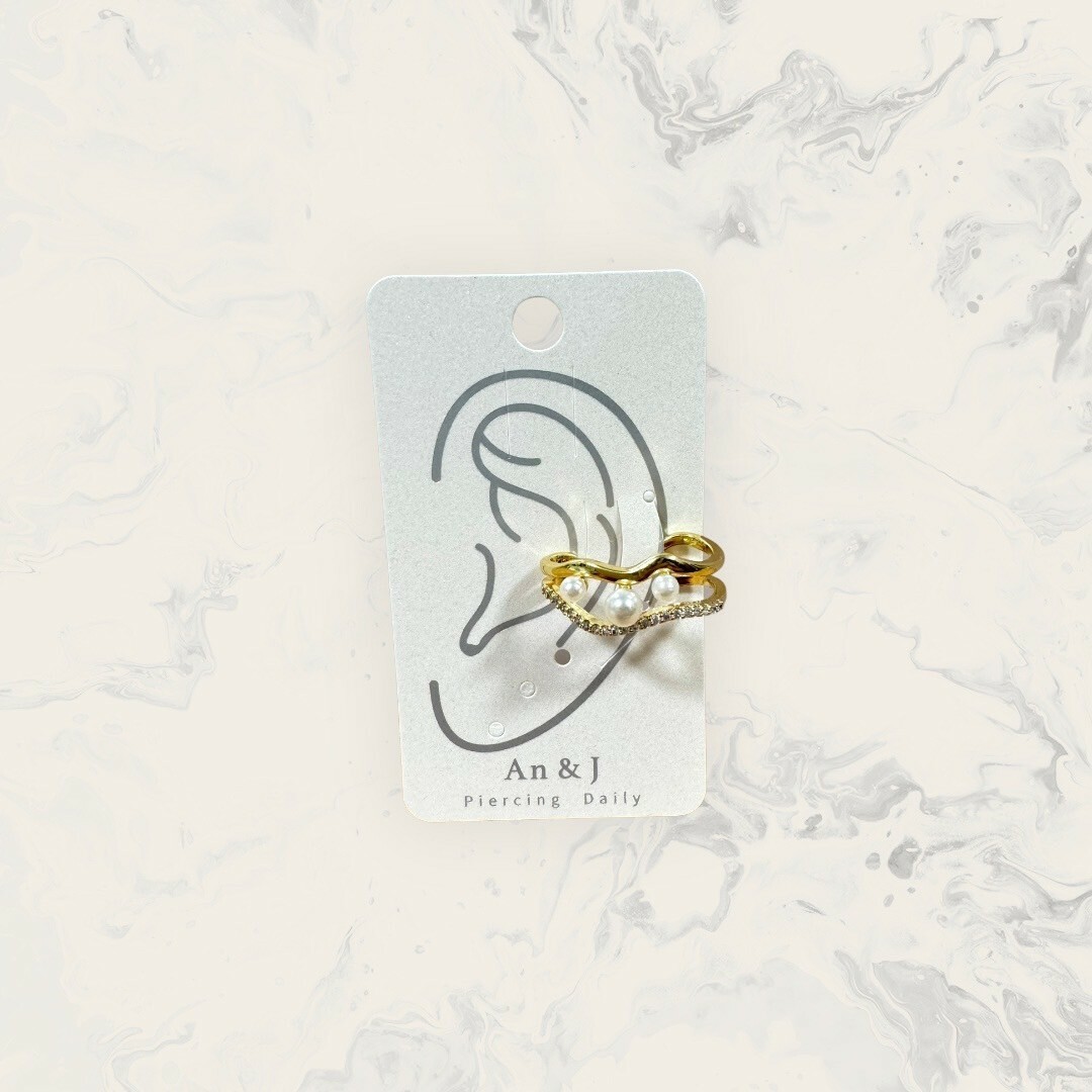 韓國直送耳骨夾 雙層 波浪上素線下線鋯中排列三珍珠