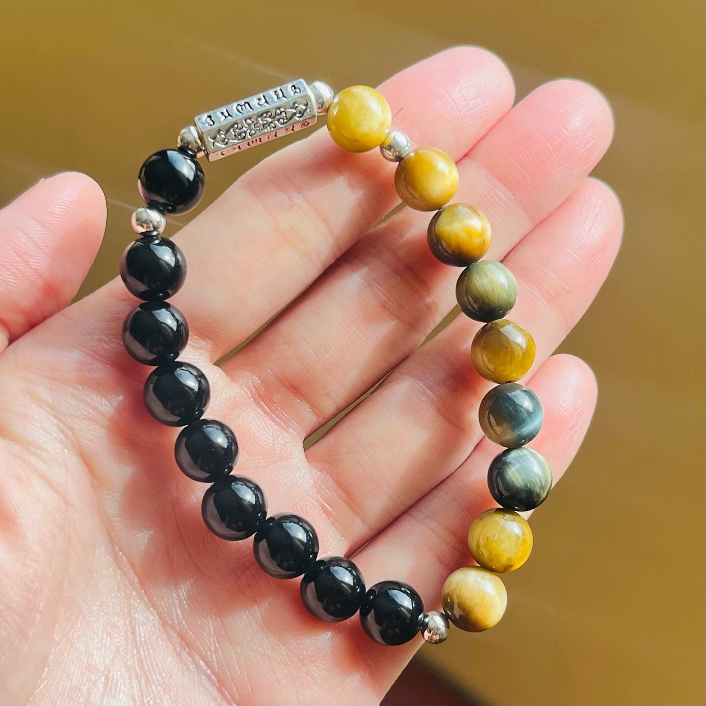 [原石]  六字箴言+黑曜石+玉化藍黃虎眼石 水晶手串