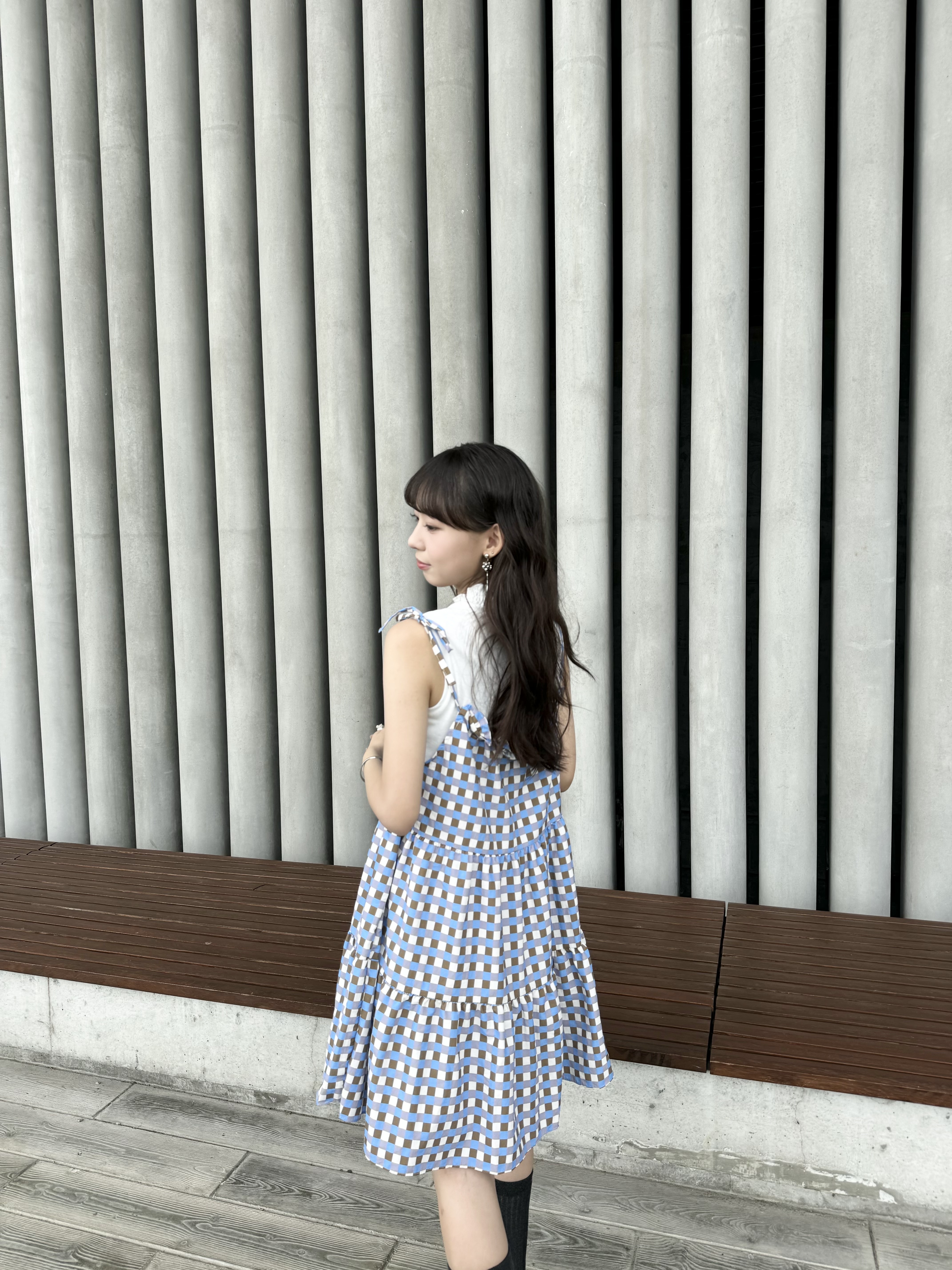 vintage感格子層層短洋裝