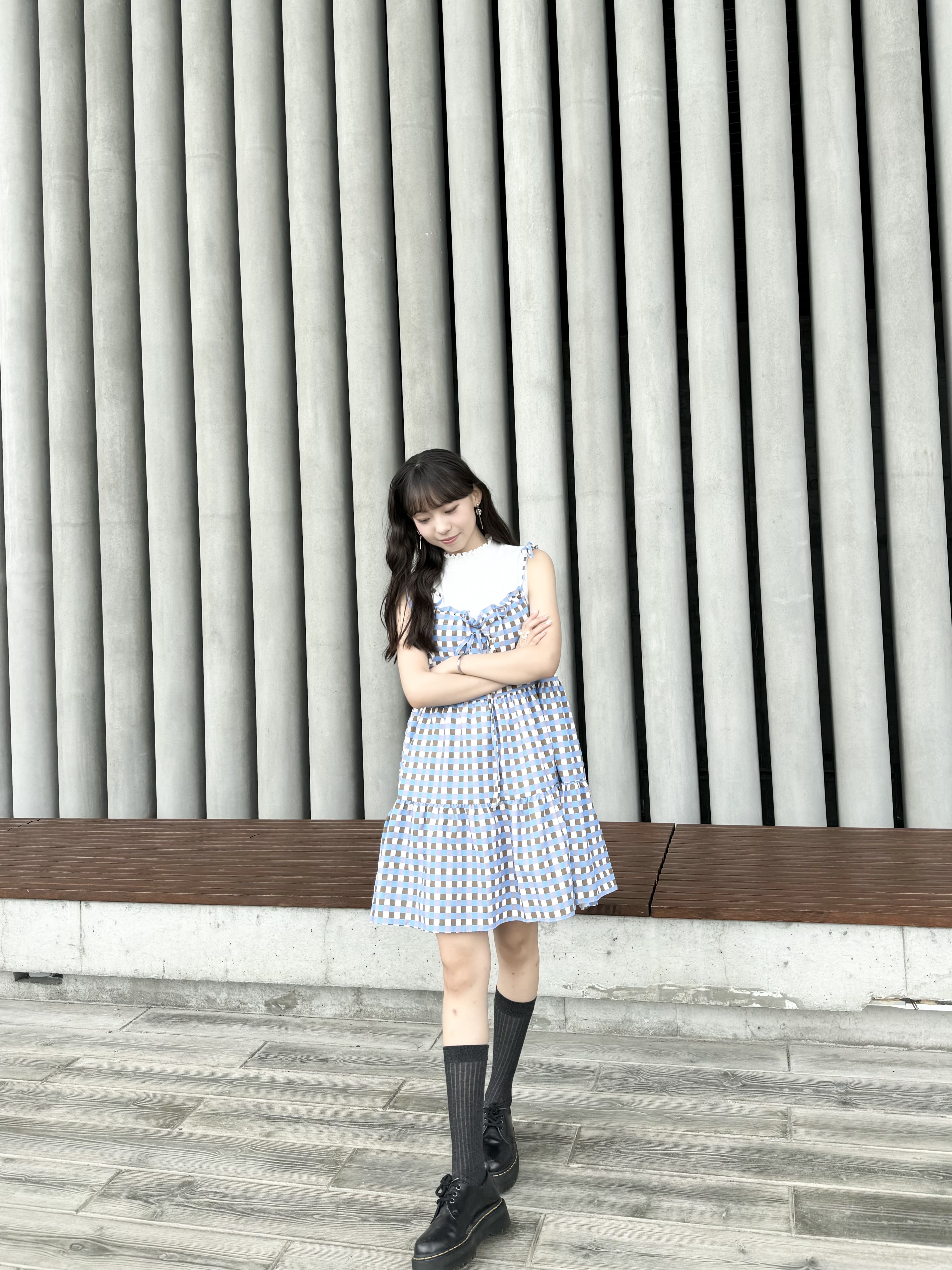 vintage感格子層層短洋裝