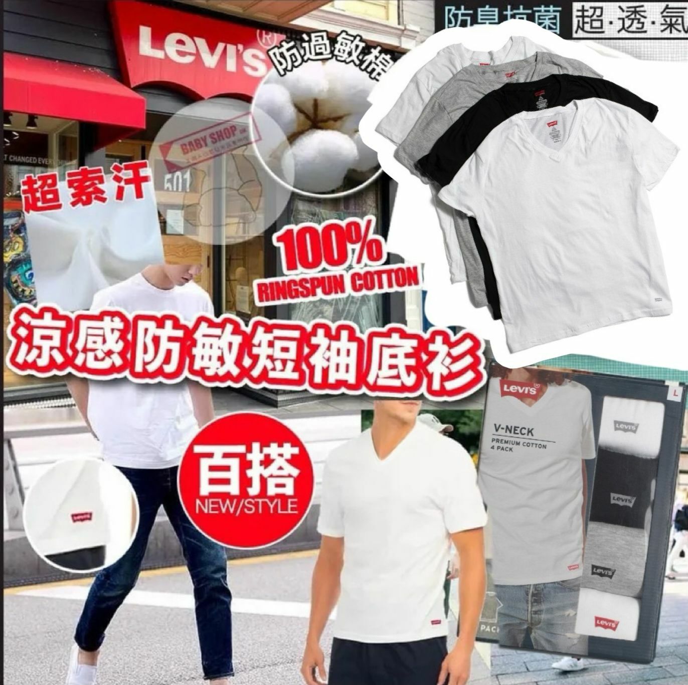 【預購】LEVIS F062002 男裝短袖底衫 (4件裝混色)