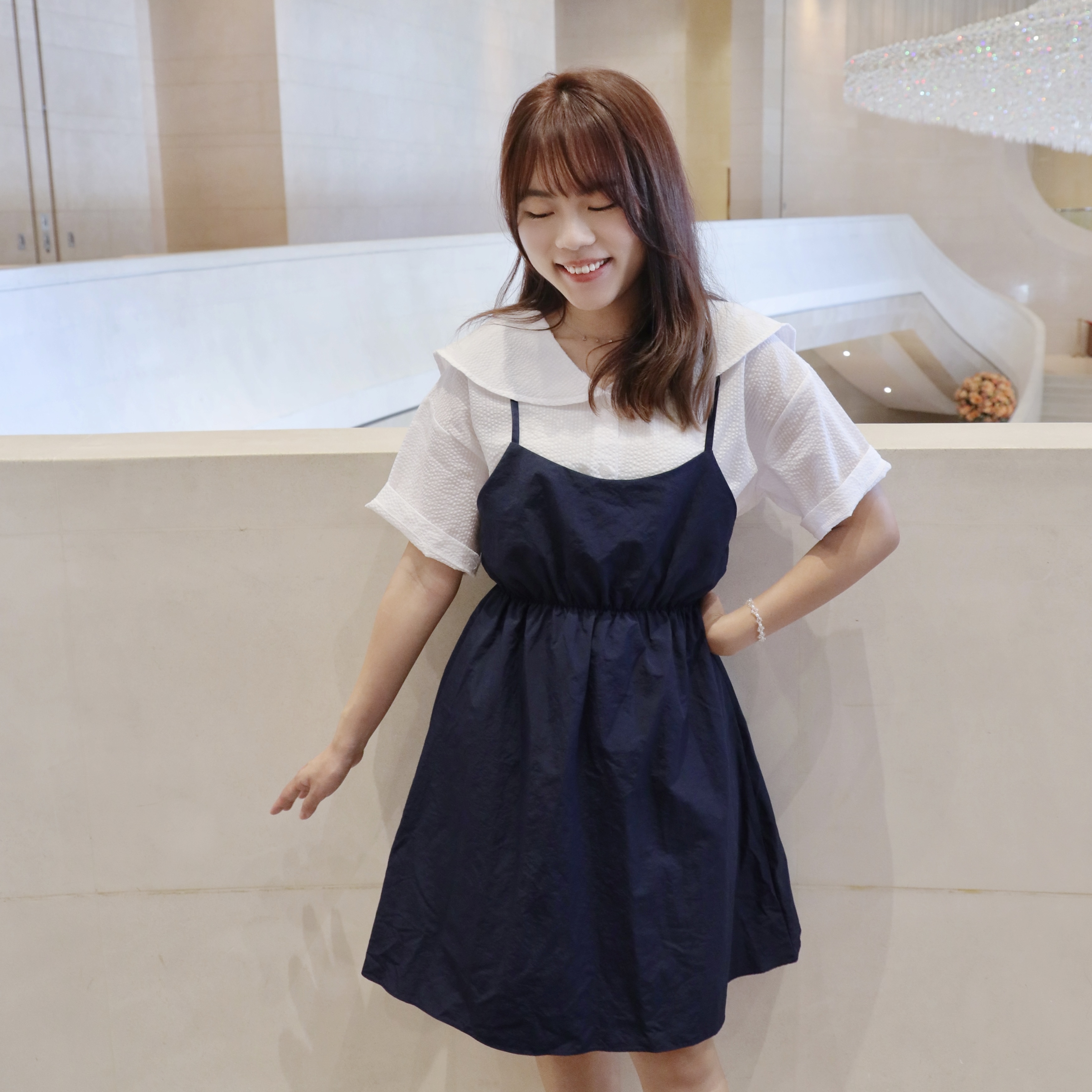 ||OPS207|| 簡約尼龍橡根腰吊帶連身裙