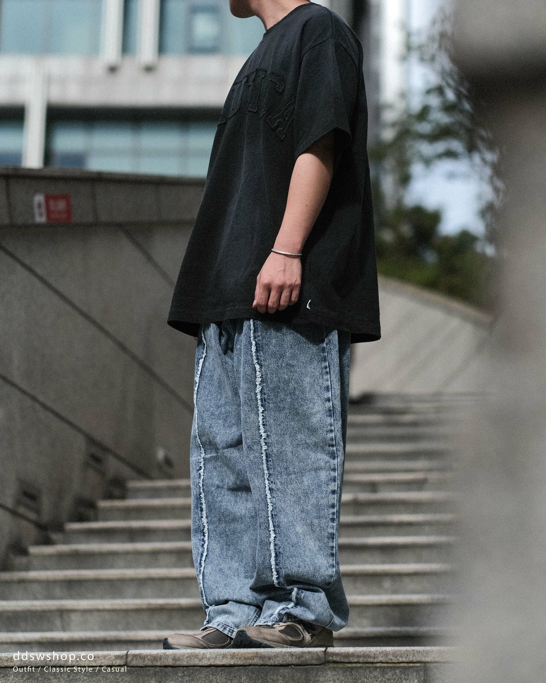 "代購" MR.HEARTS 日本限定 水洗寬版 拼接線條 復古牛仔褲