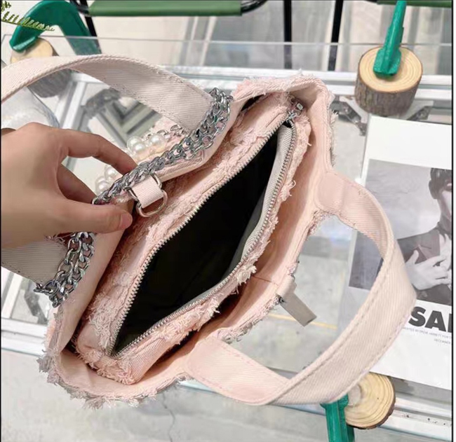 粉紅抽鬚包中包手提包-一色實拍