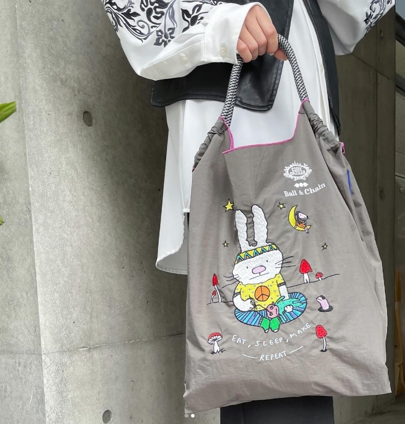 Ball＆Chain 刺繡環保購物袋 M號 - 灰 (32200261)