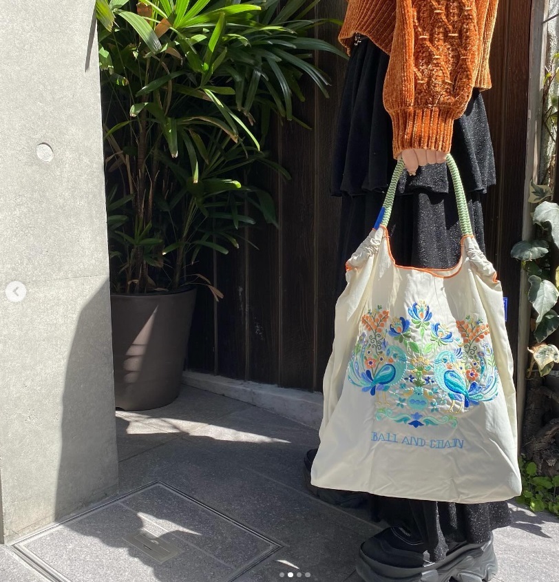 Ball＆Chain 刺繡環保購物袋 M號 - 淺灰 (30103684)