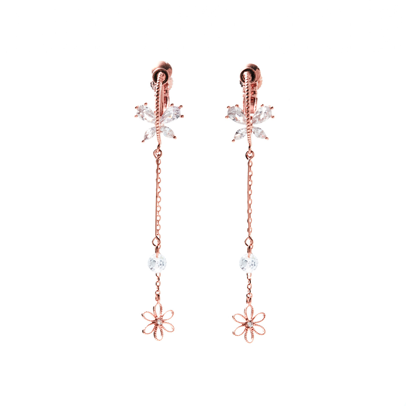 平價飾品,鑽,花,夾式垂墜耳環