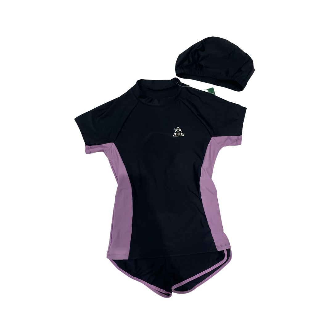 日大 女款 胸墊泳衣套裝 黑/紫邊  (泳帽+泳衣+泳褲) F026122