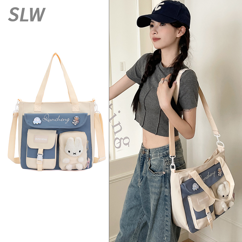 【1 Piece】Large-capacity Canvas Tutoring Crossbody Bag Shoulder Bag Tote Bag (White)
