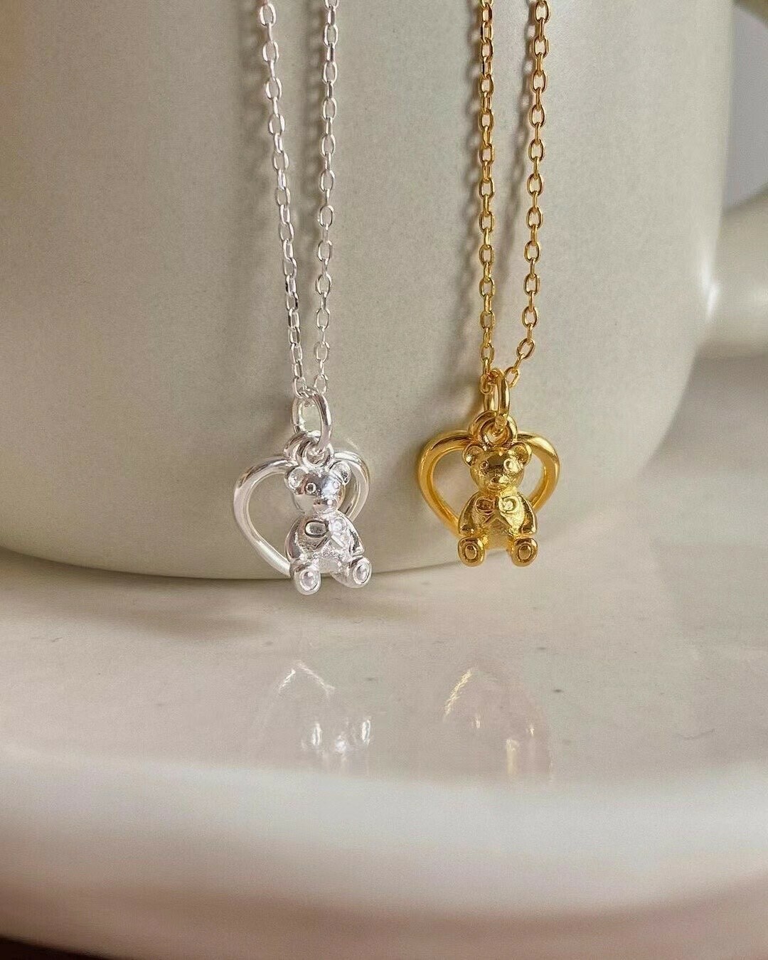 愛心小熊純銀鎖骨鏈