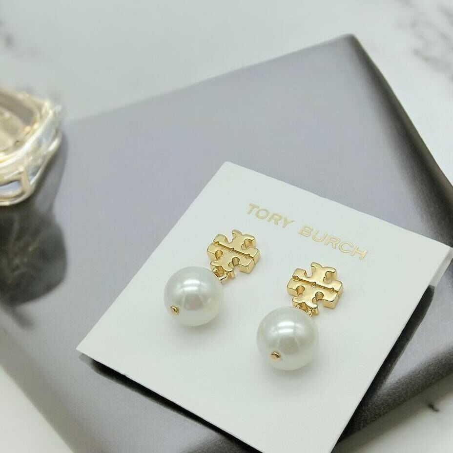 TORY BURCH 輕奢OL垂吊珍珠logo耳釘耳針耳環