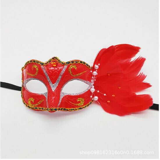 熱賣羽毛面具舞會派對表演面具（珍珠羽毛-紅色）