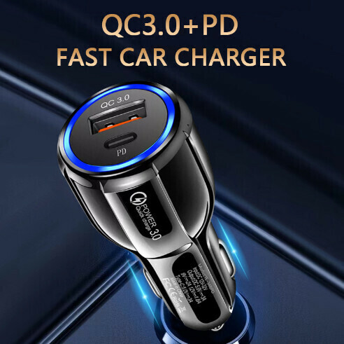 熱賣PD20W快充車載充電器保齡球光環車充qc3.0+pd車載充電頭20w快充（快充款20W-黑色）