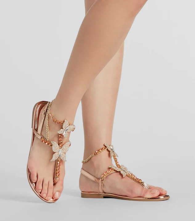 Rose Gold Butterfly 玫金色蝴蝶水鑽鍊繞踝涼鞋