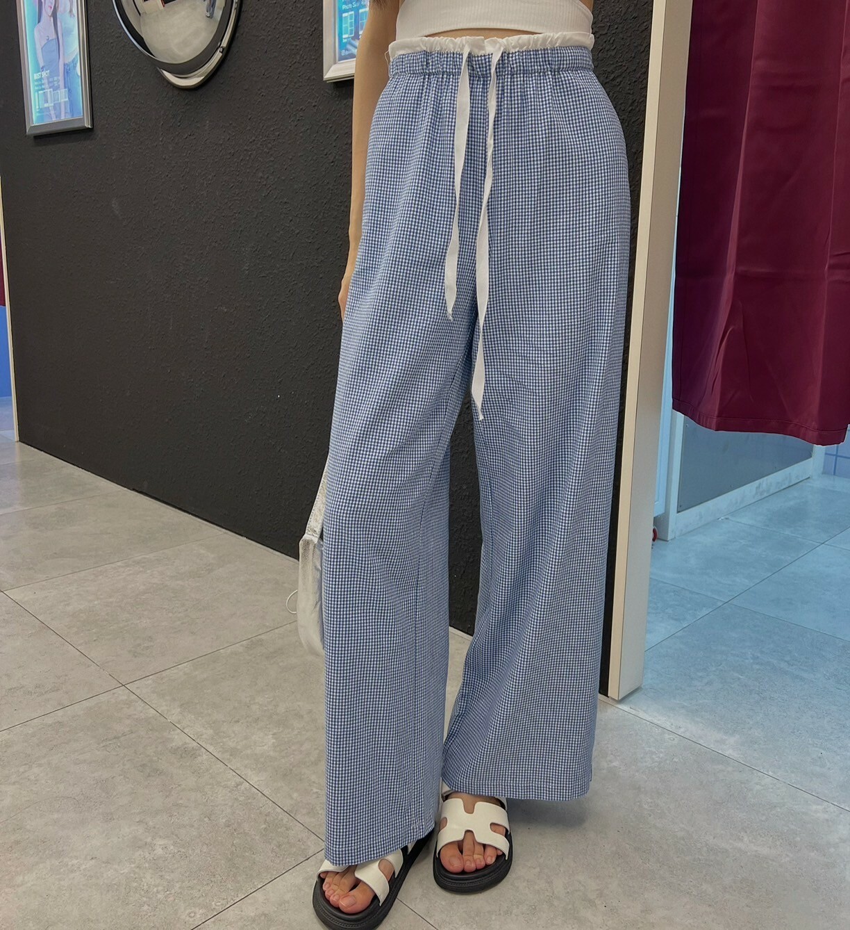滾邊綁繩格紋寬褲/二色
