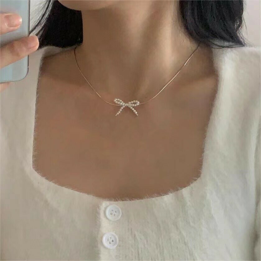 B05珍珠蝴蝶結純銀蛇骨鏈