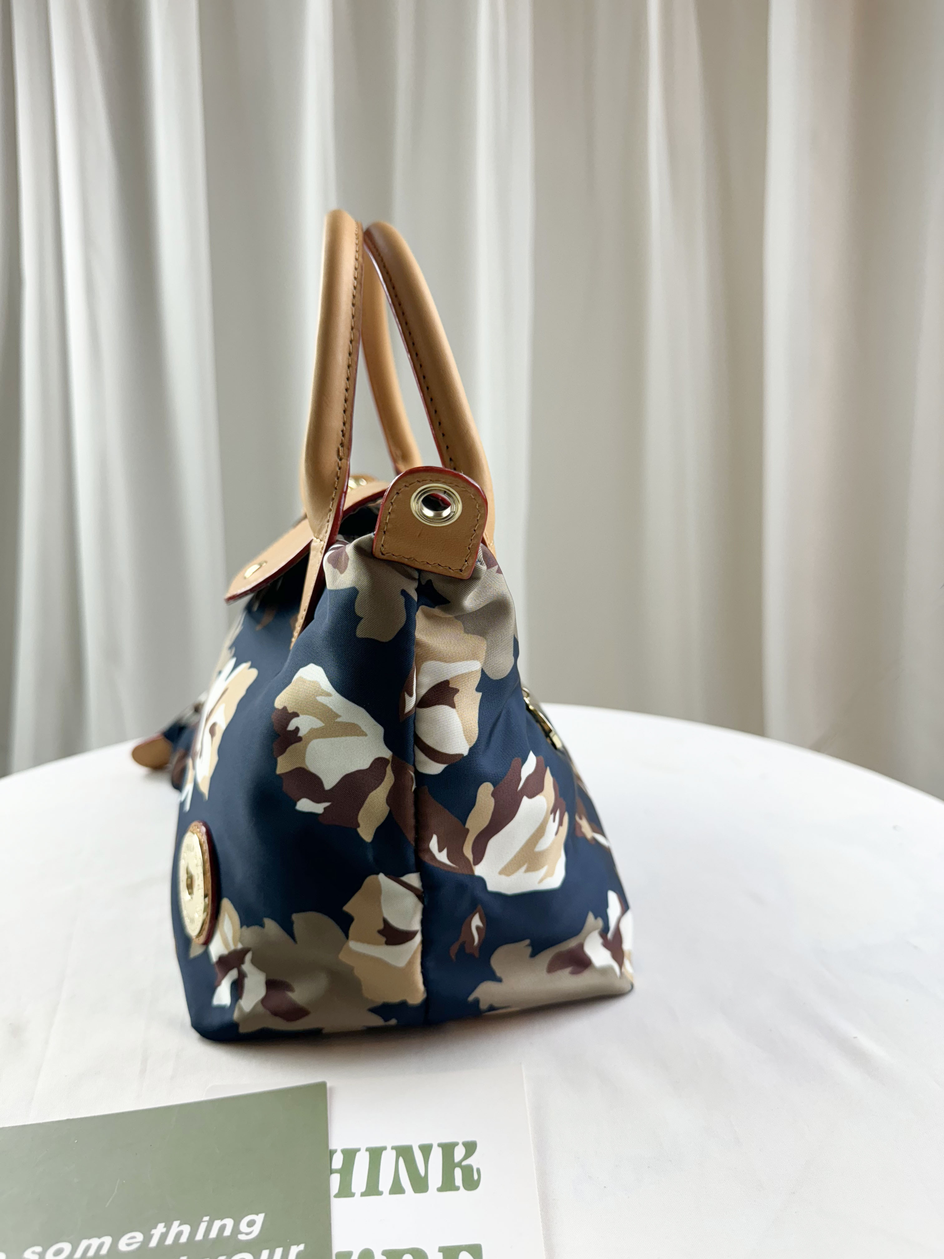 FamilyBear 蝴蝶花拼接藍手提包 / 側背包 附零錢包 #2578