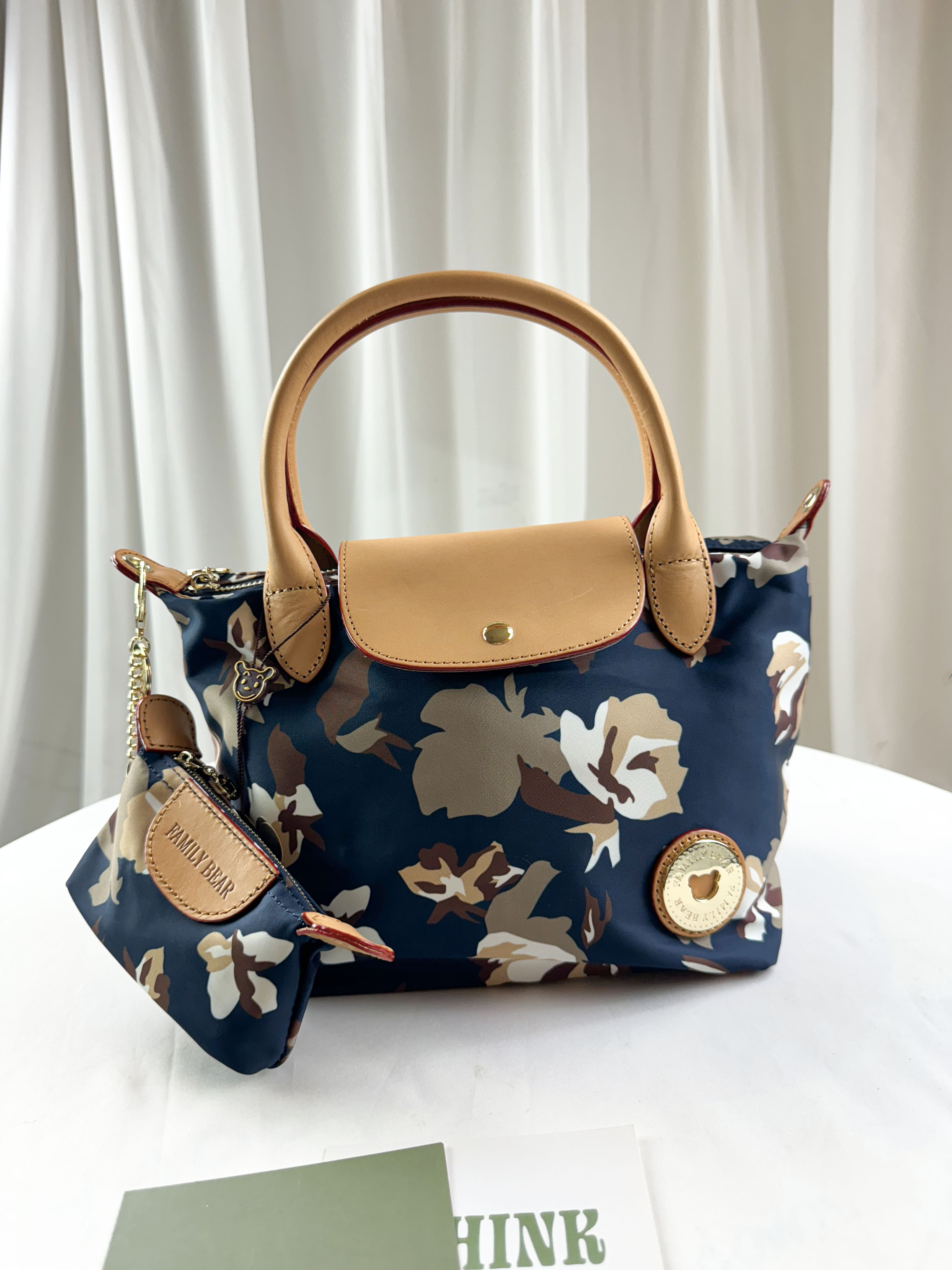 FamilyBear 蝴蝶花拼接藍手提包 / 側背包 附零錢包 #2578