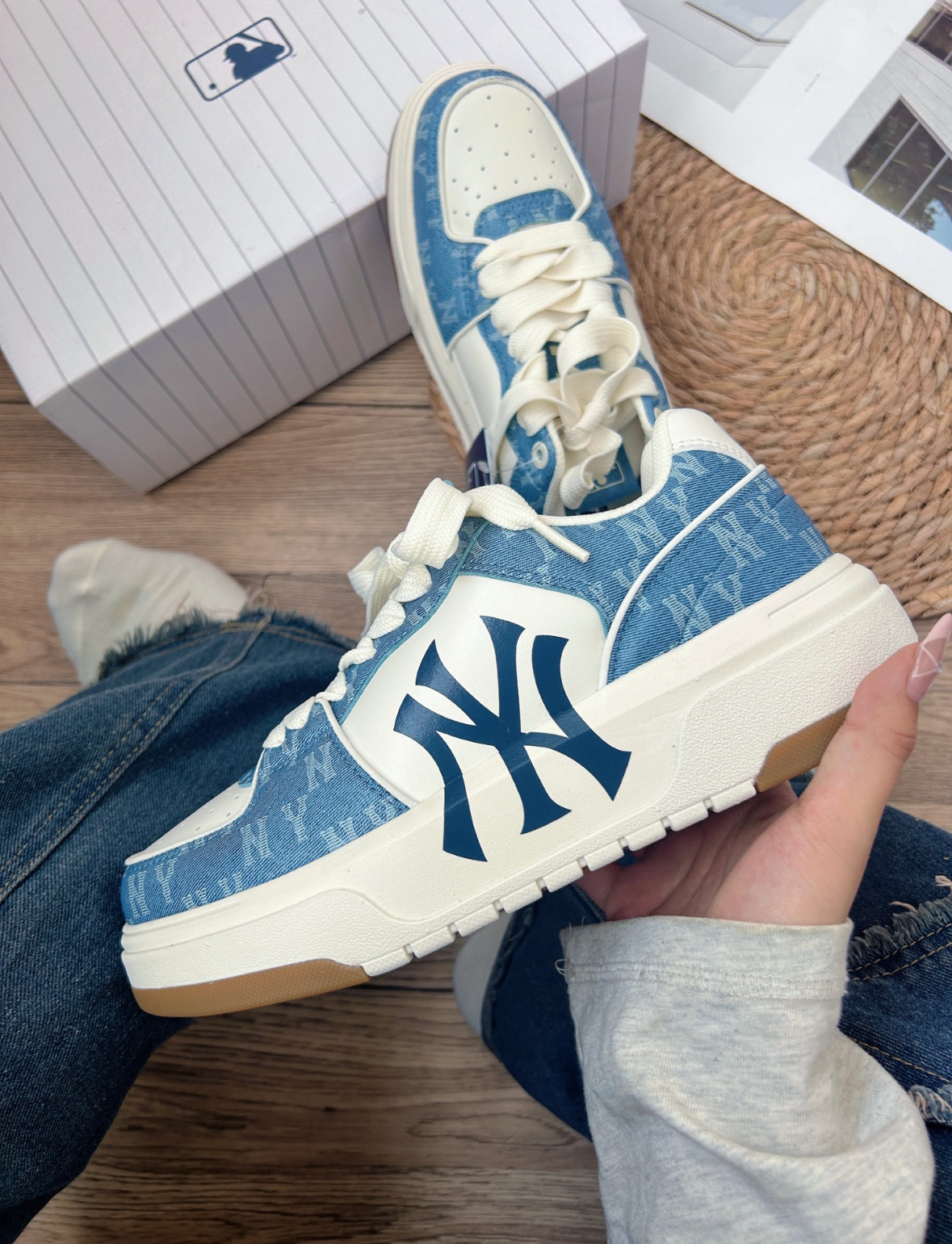 MLB Chunky Liner 紐約洋基隊 淺藍色 單寧 滿版老花 焦糖底 老爹鞋 學長鞋 NY/預購