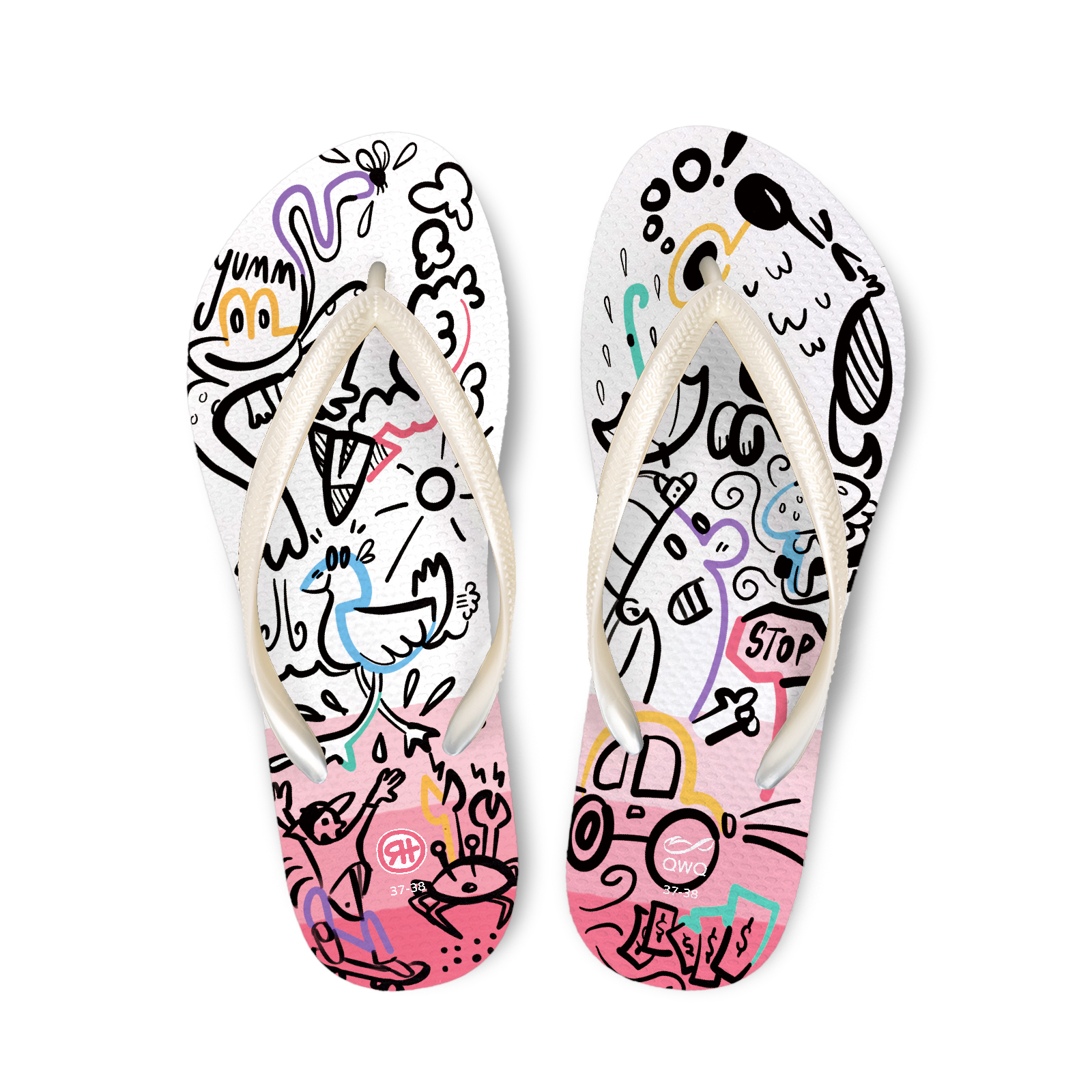 HauserHand聯名 Beach Bum 女款細帶人字夾腳拖鞋 粉金底白帶