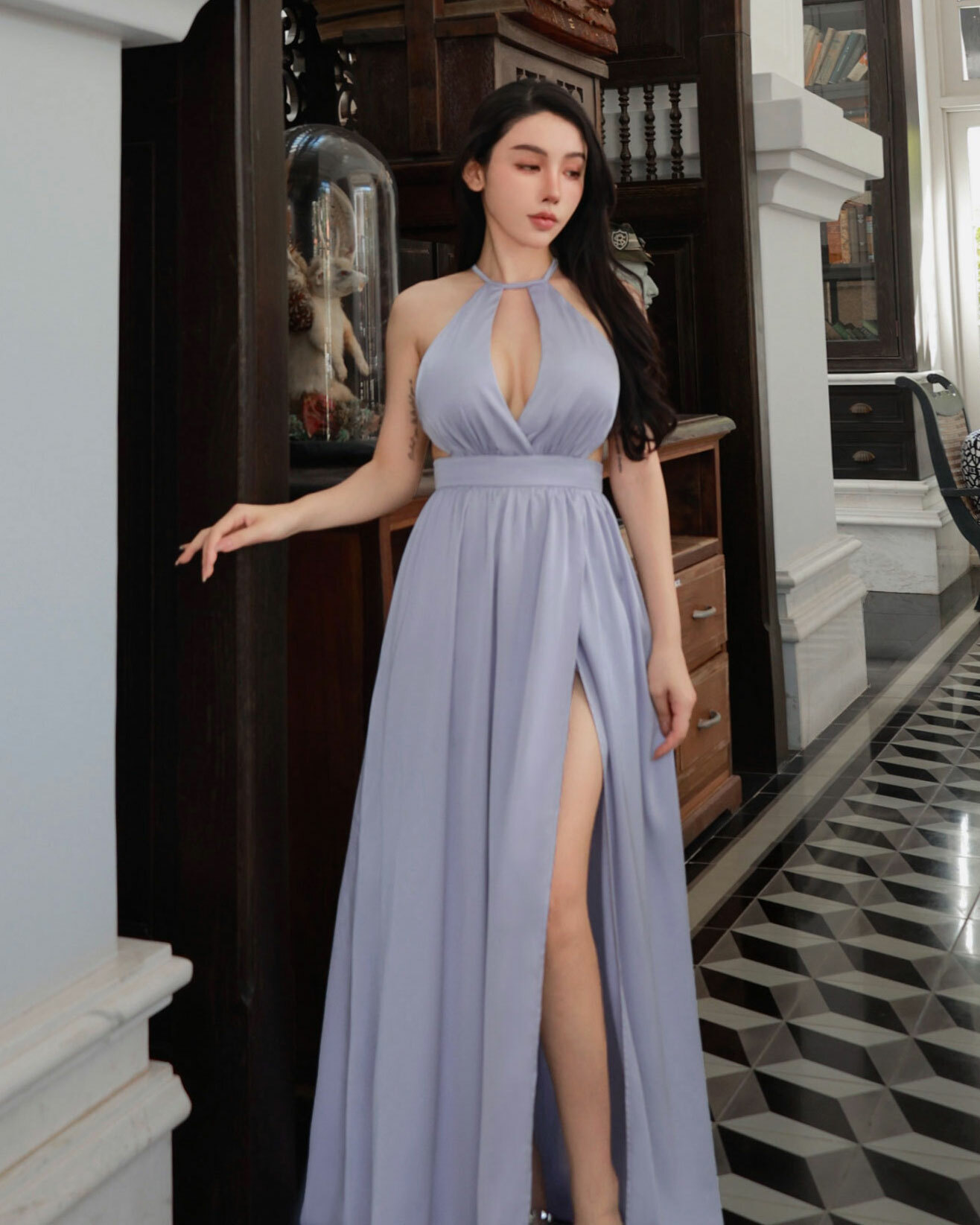 ⭒訂製-質感緞面削肩鏤空長洋