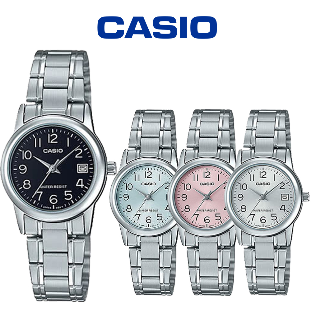 【CASIO 卡西歐】LTP-V002D 微古典精巧 時尚多色 簡約數字 日期顯示 小款 鋼帶 女錶 對錶 手錶