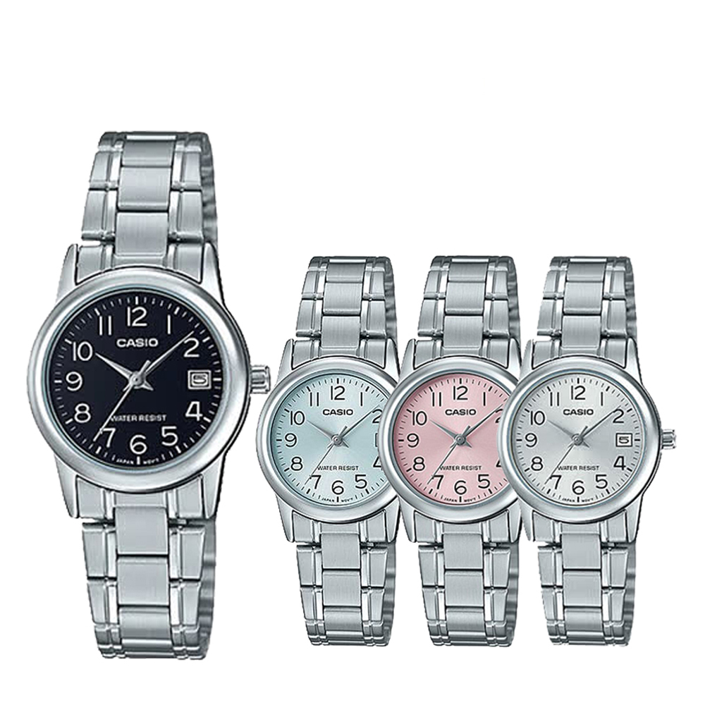 【CASIO 卡西歐】LTP-V002D 微古典精巧 時尚多色 簡約數字 日期顯示 小款 鋼帶 女錶 對錶 手錶