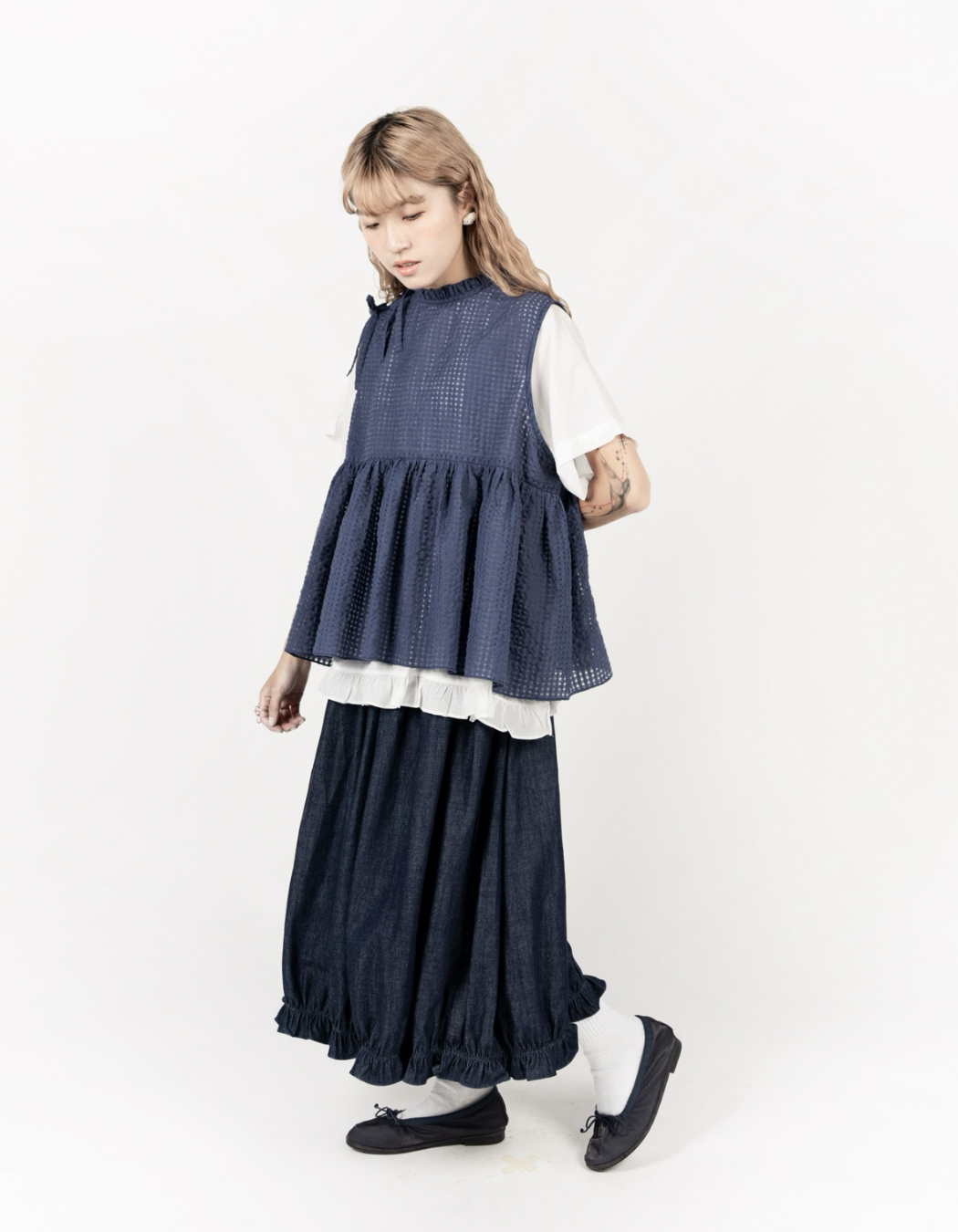 【 Kiki.co made 】See Through Check Vest Navy