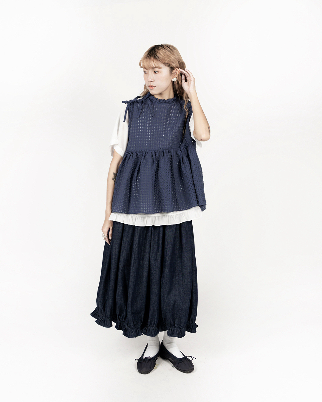 【 Kiki.co made 】See Through Check Vest Navy