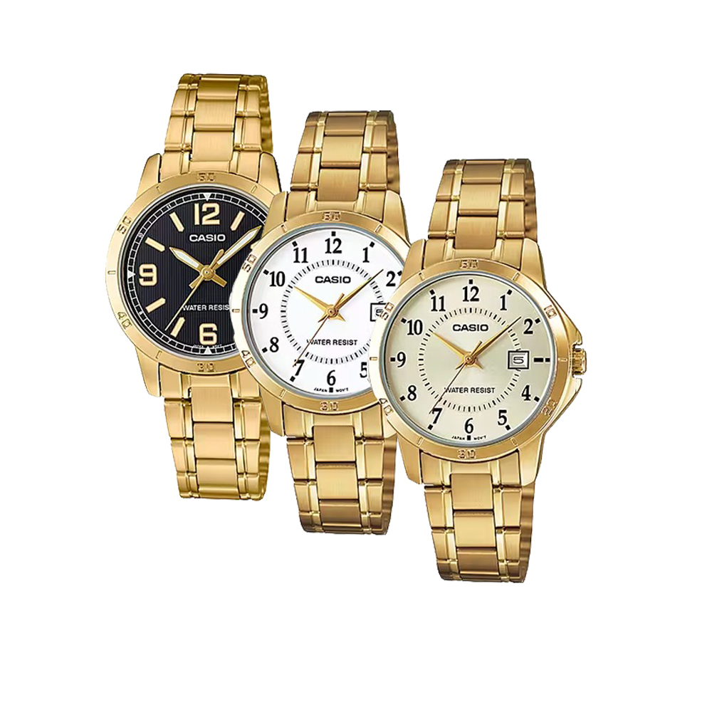 【CASIO 卡西歐】LTP-V004G 文青小款 圓圈時尚簡約數字 日期顯示 金色鋼帶 對錶 腕錶 手錶